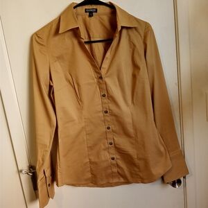 Express Women's stretch  long sleeve button up blouse Tan SP